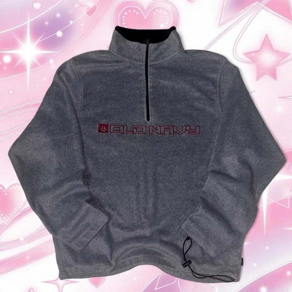Old Navy 1/4 Zip Pullover XL Grey Fleece Sweater Vintage Spellout